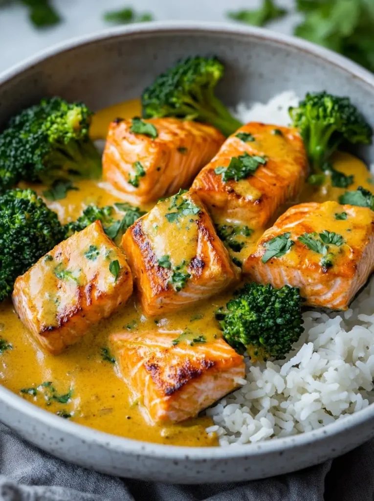 Creamy Coconut Curry Salmon with Tender Broccoli min