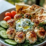 Feta Stuffed Greek Chicken Meatballs with Roasted Garlic Tzatziki min