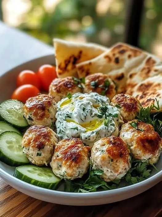 Feta Stuffed Greek Chicken Meatballs with Roasted Garlic Tzatziki min