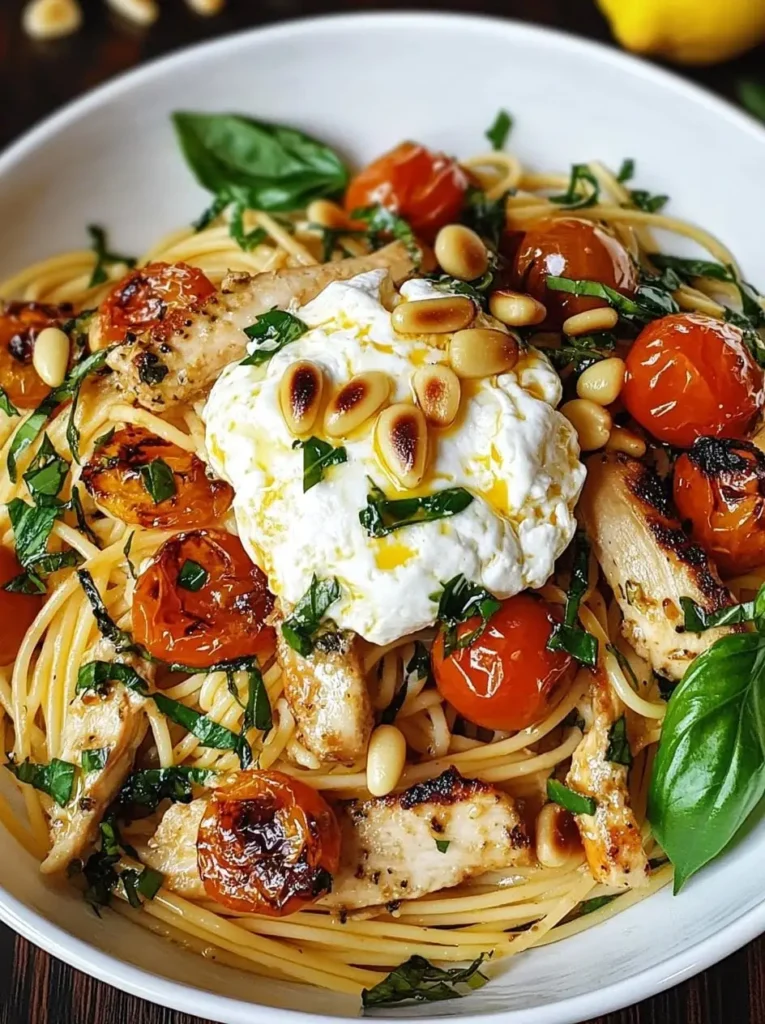 Chicken Spaghetti with Burrata & Lemon Butter Garlic Sauce