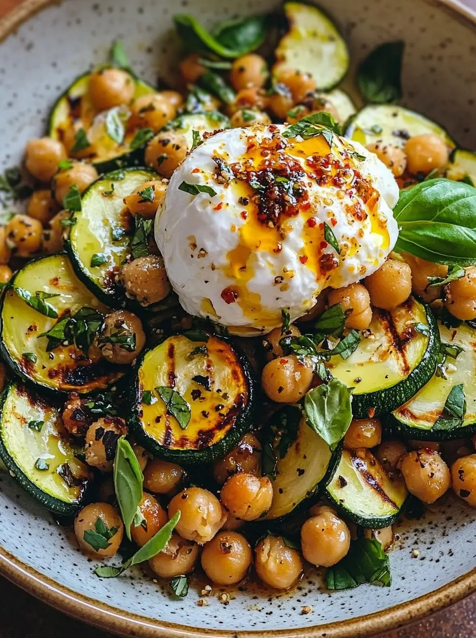 Grilled Zucchini Chickpea Salad with Burrata and Chili Oil