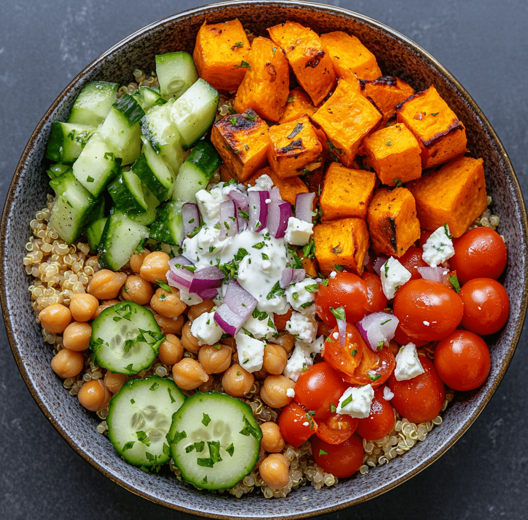 Roasted Sweet Potato & Chickpea Greek Bowl Delight 5 Recipe Introduction Image