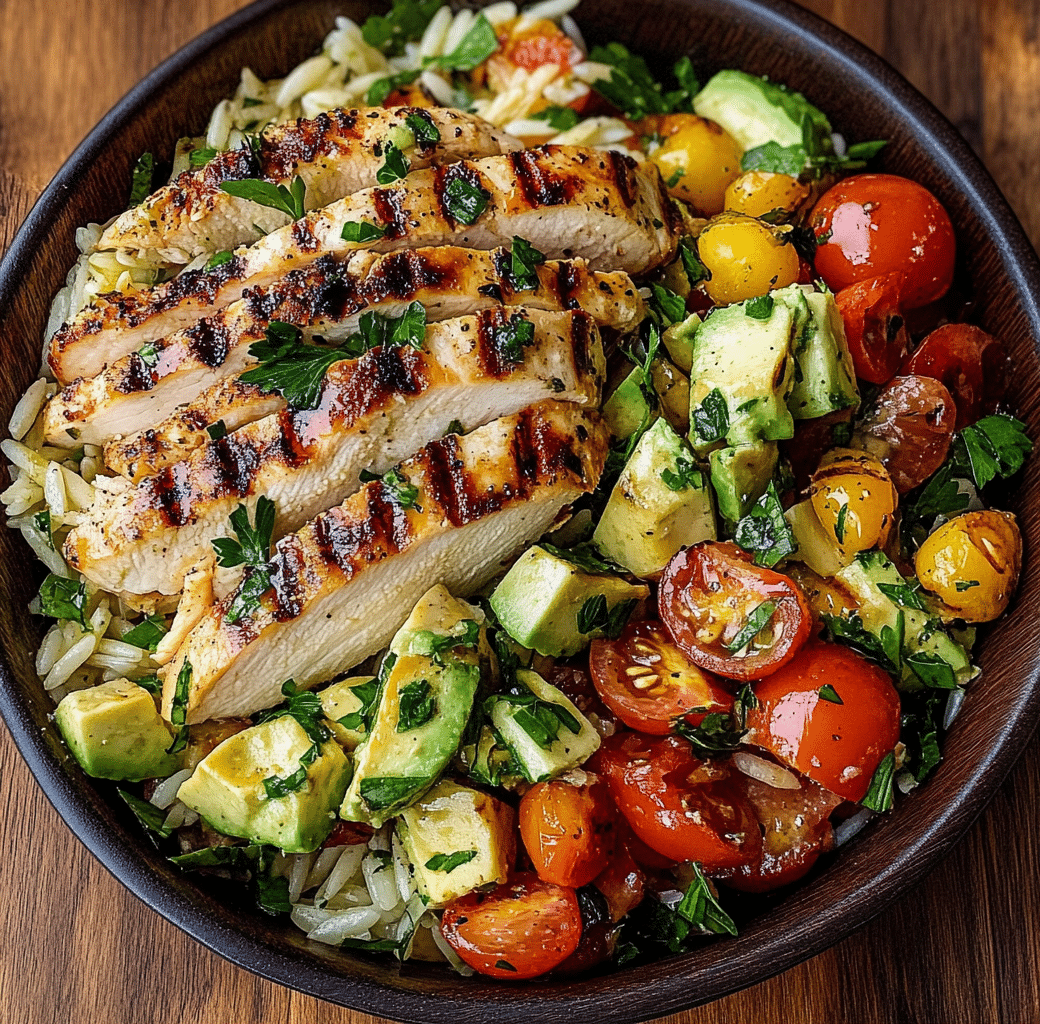 Grilled Lemon Herb Chicken Avocado Orzo Salad