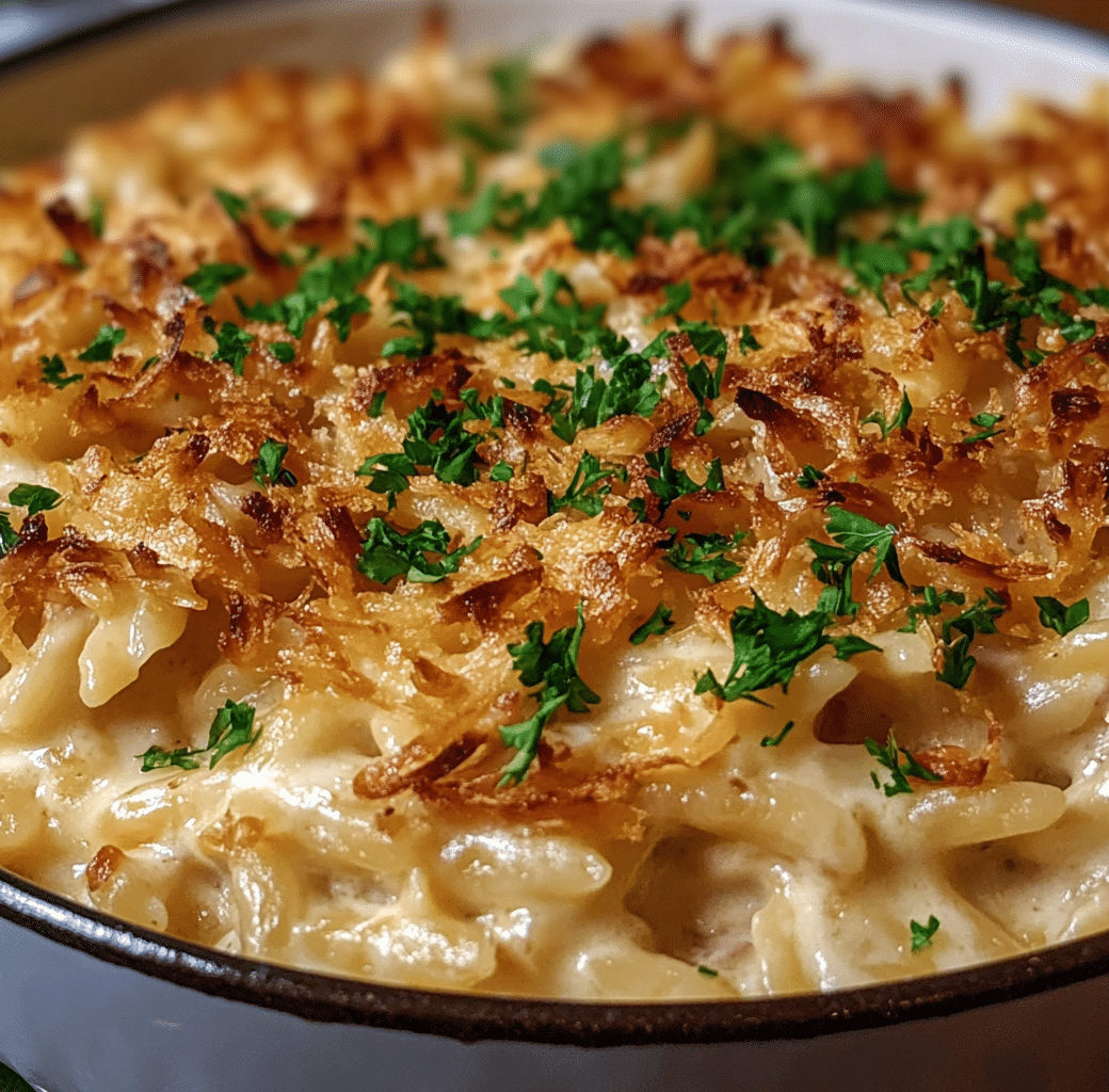Baked French Onion Chicken Orzo Casserole