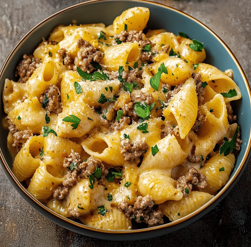 Creamy One-Pot Beef & Shells Finished Dish